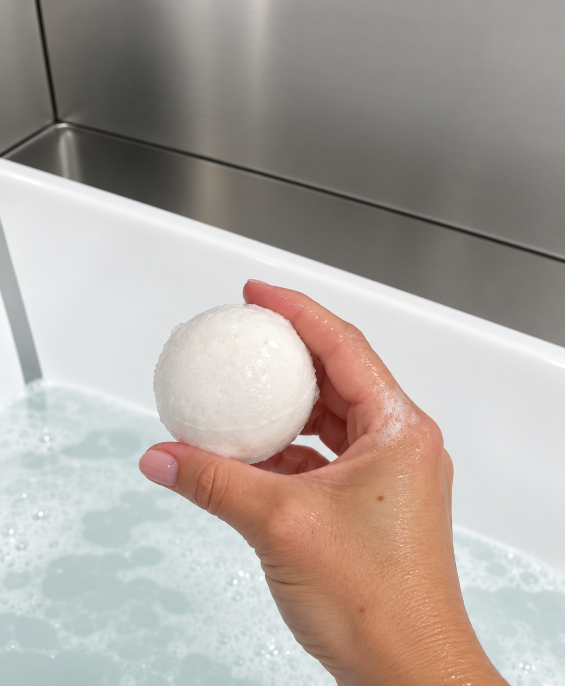Hand holding a Martina Waterman Revive dog bath bomb over a grooming bath