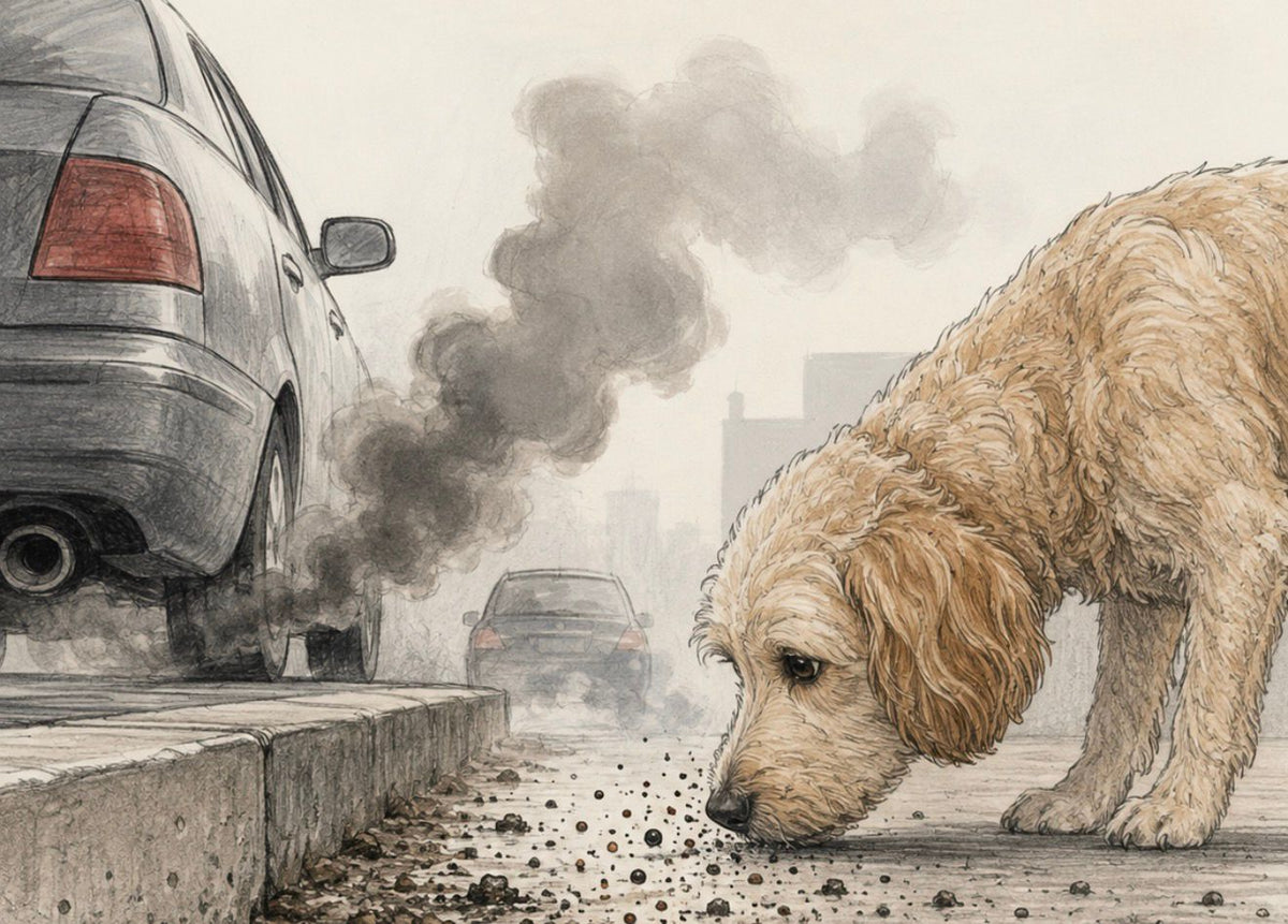 Illustration of a dog sniffing the pavement beside car exhaust fumes on a city street