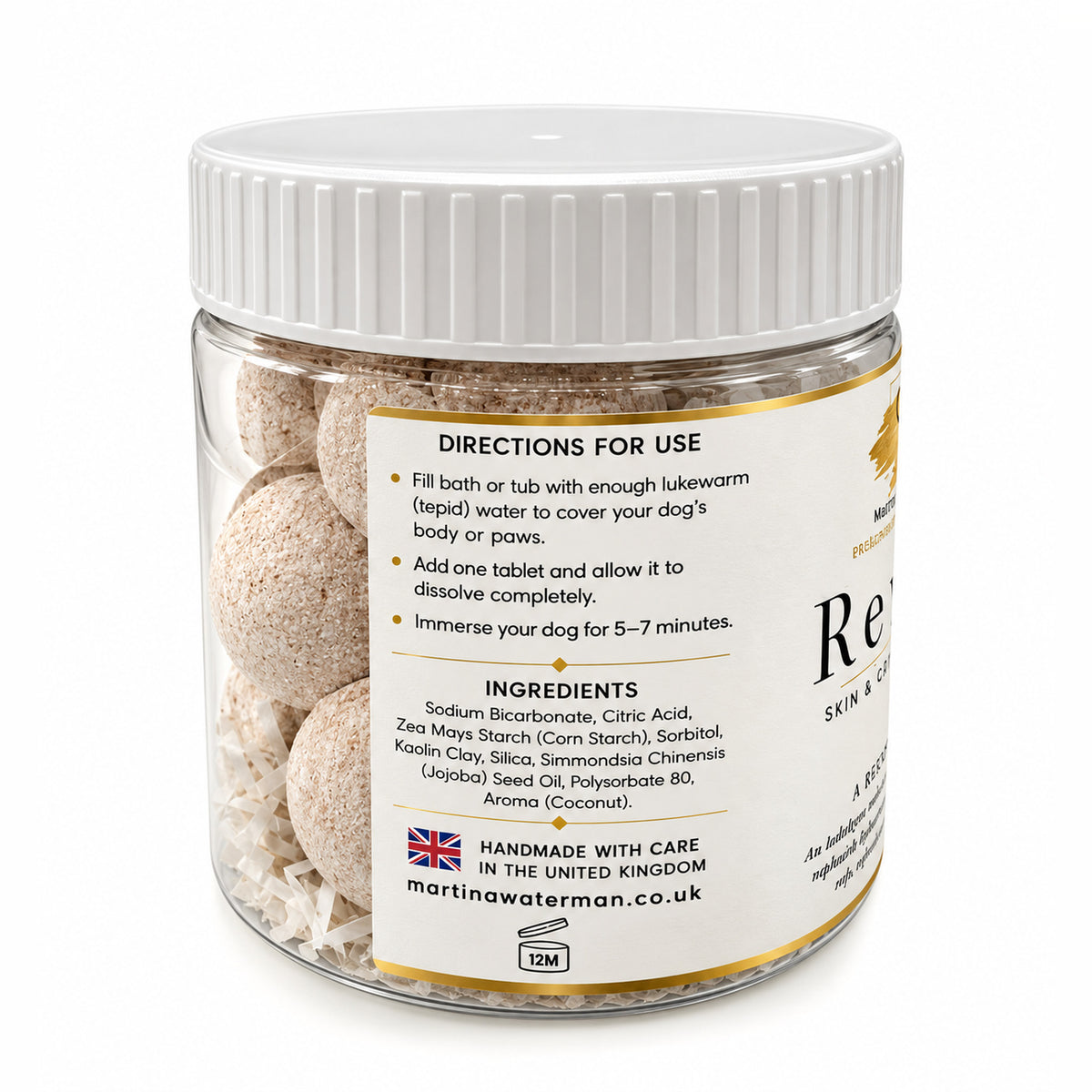 Revive dog bath bombs jar label showing directions for use and ingredients, handmade in the UK