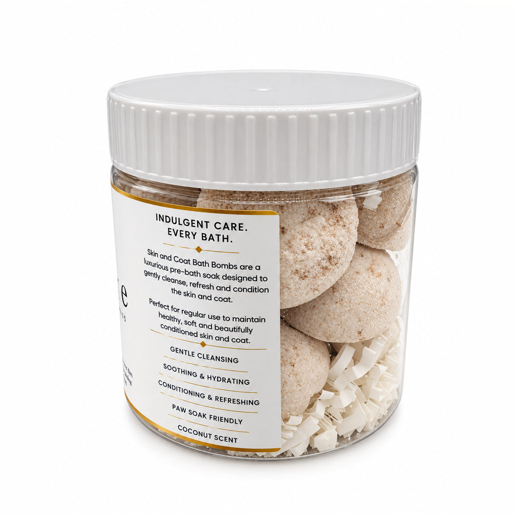 Revive dog bath bombs jar label: gentle cleansing, soothing & hydrating, conditioning & refreshing, paw soak friendly, coconut scent