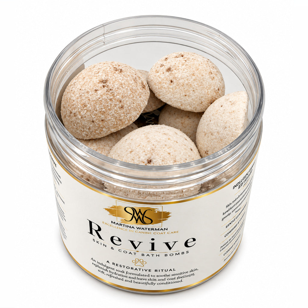 Open jar of Revive dog bath bombs
