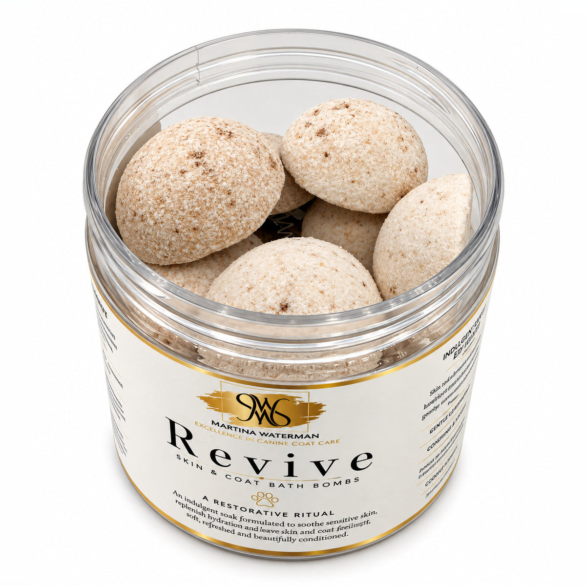 Open jar of Revive dog bath bombs