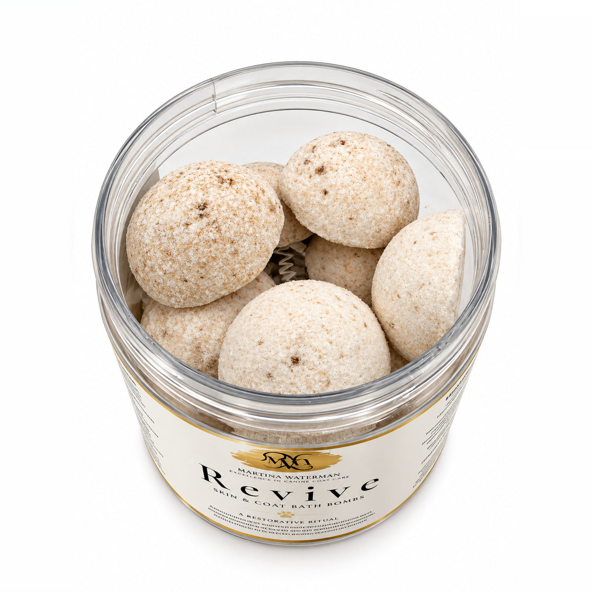 Open jar of Revive dog bath bombs, top view