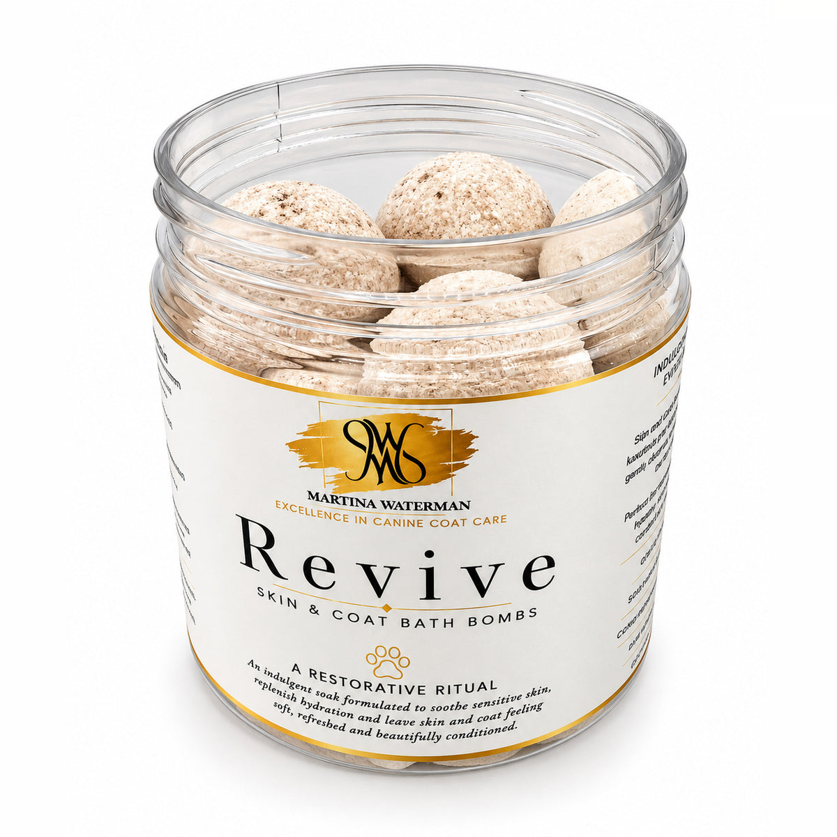 Open jar of Revive dog bath bombs, front view