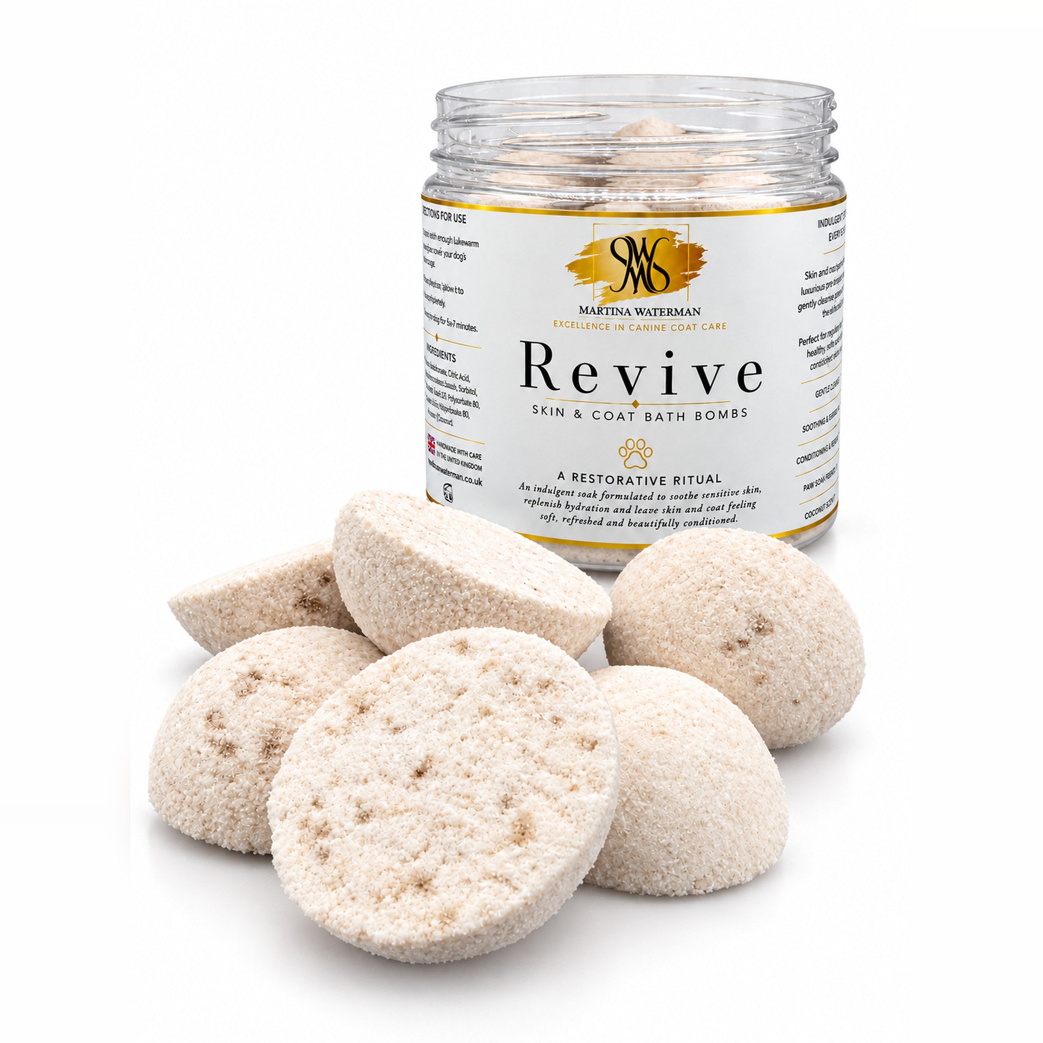 Martina Waterman Revive Skin & Coat Dog Bath Bombs – jar of 12 with loose bath bombs on a white background