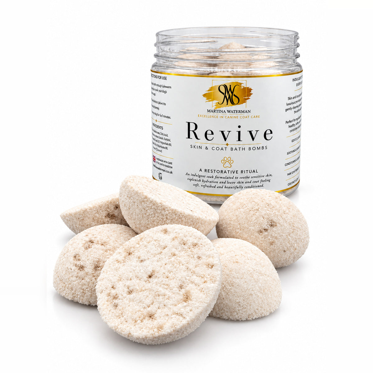 Martina Waterman Revive Skin & Coat Dog Bath Bombs – jar of 12 with loose bath bombs on a white background
