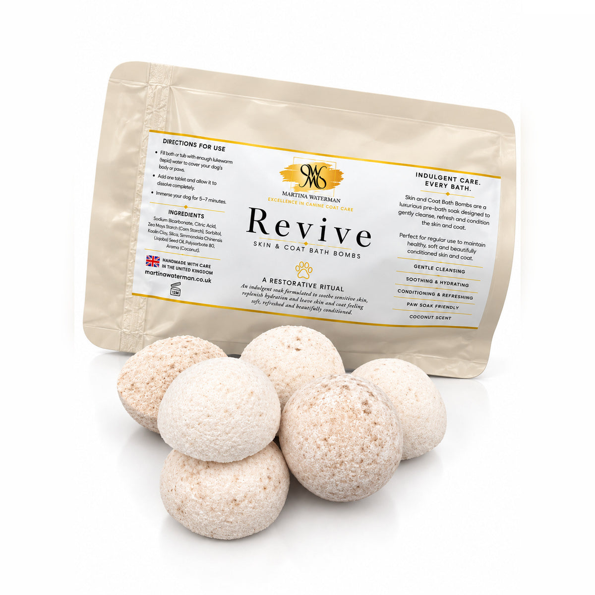 Revive dog bath bombs pouch of 5 showing label with directions and ingredients, on a white background