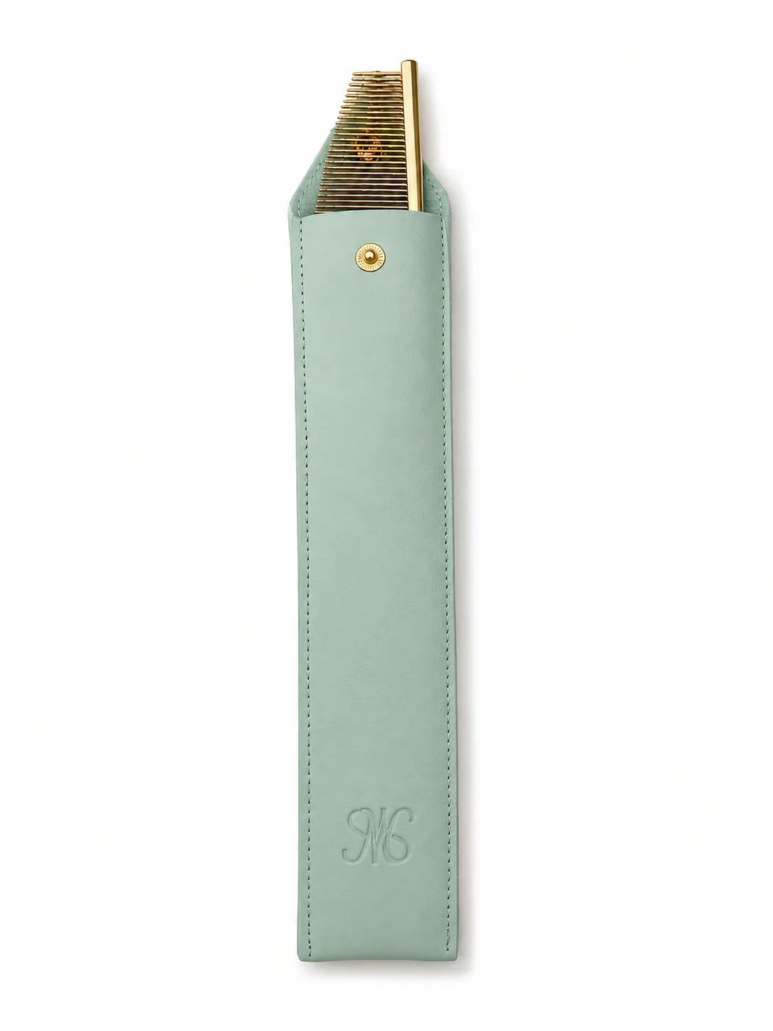Martina Waterman Signature Dog Comb in branded sage green leather case