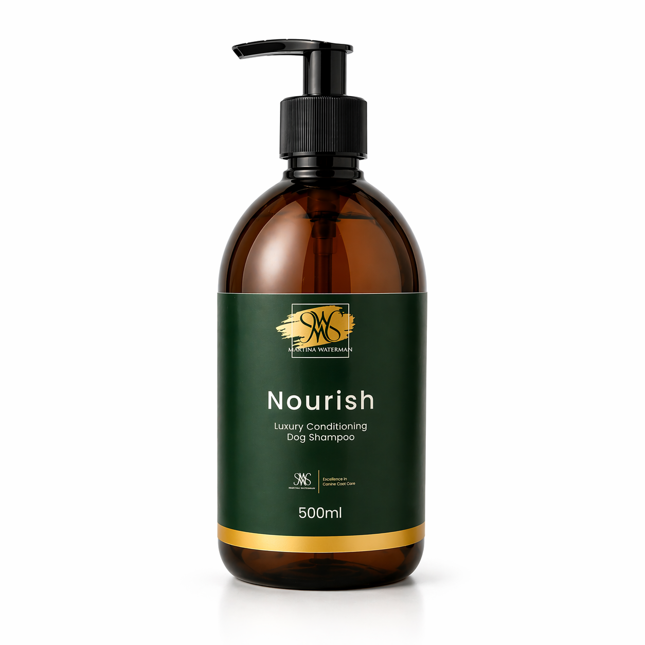 Martina Waterman Nourish Luxury Conditioning Dog Shampoo 500ml amber glass pump bottle on white background