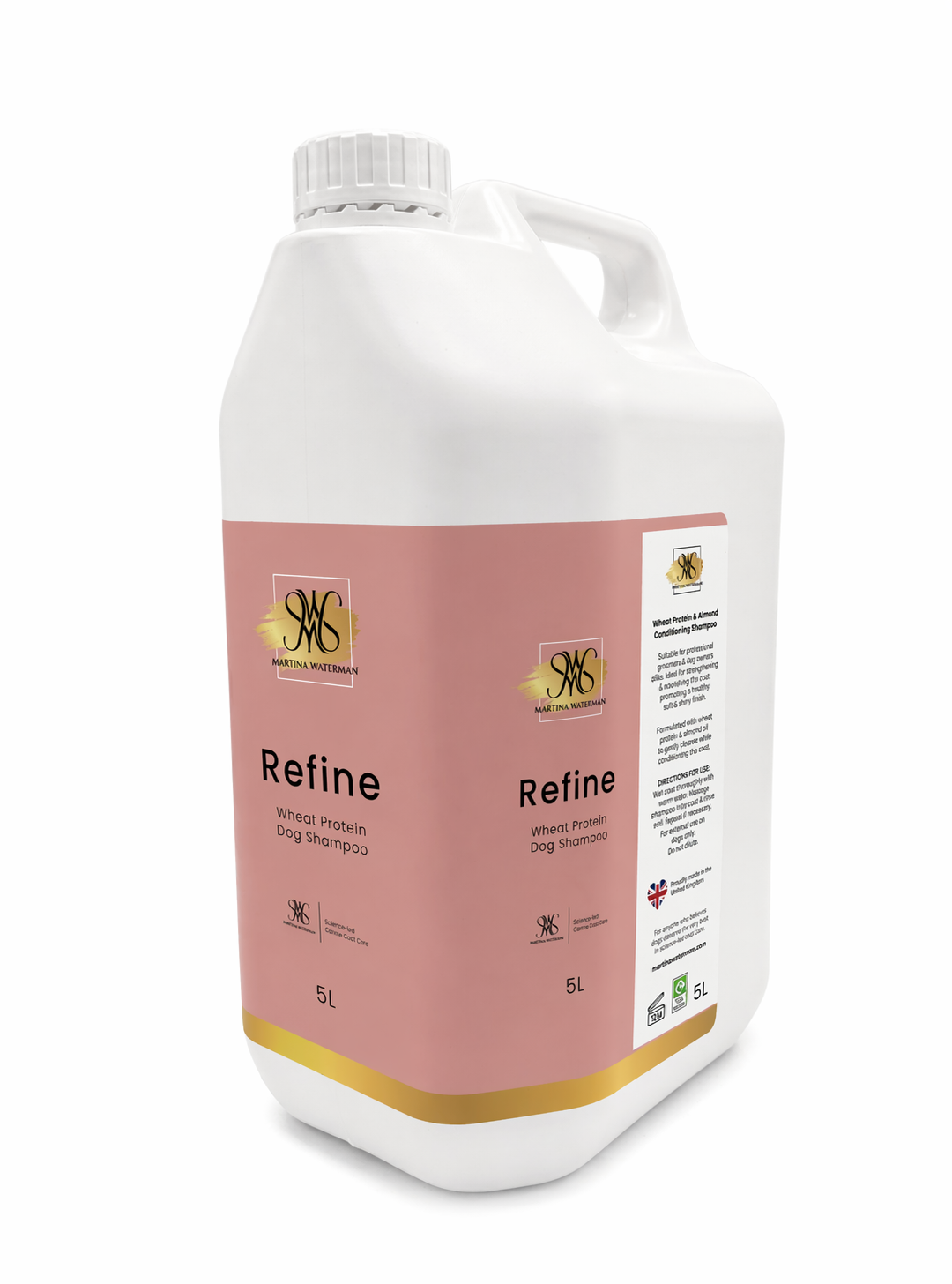 Martina Waterman Refine Wheat Protein Dog Shampoo 5L bulk container showing front and directions label